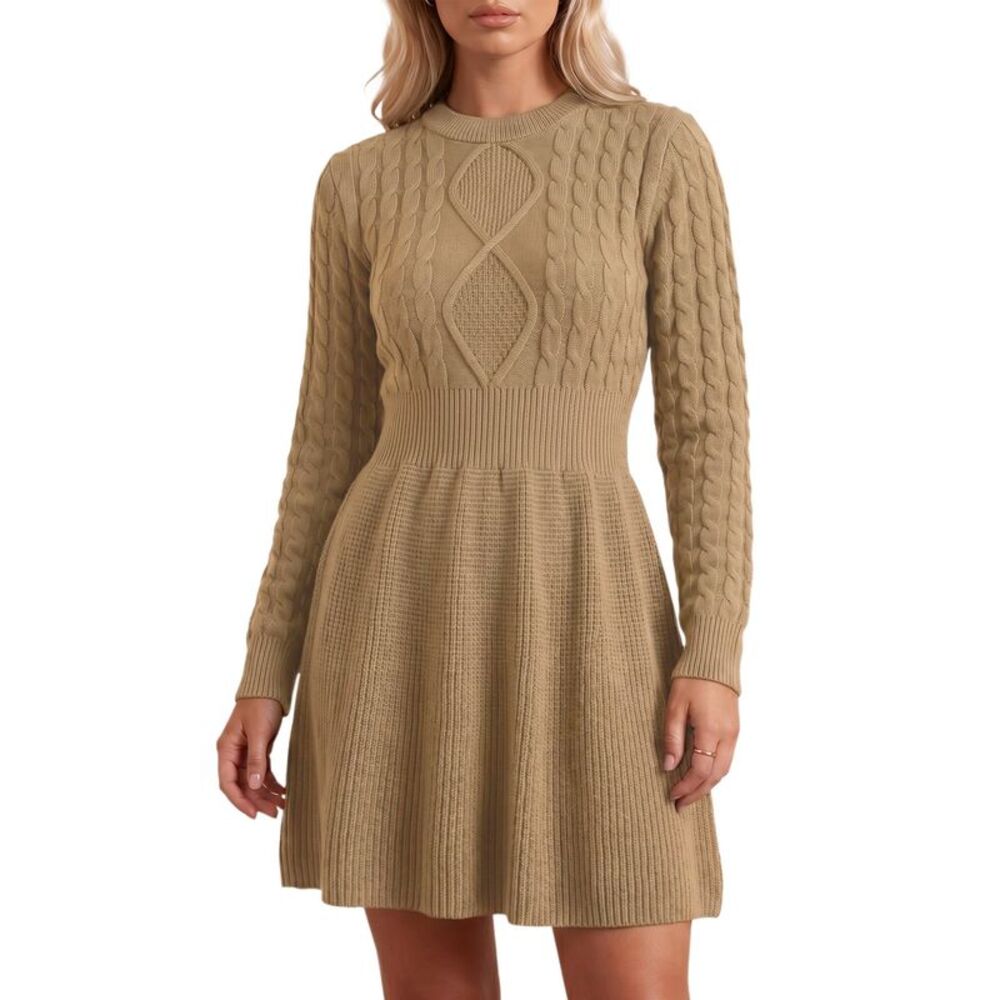 Women Casual Cable Knit Long Sleeve Crewneck Sweater Dress Khaki